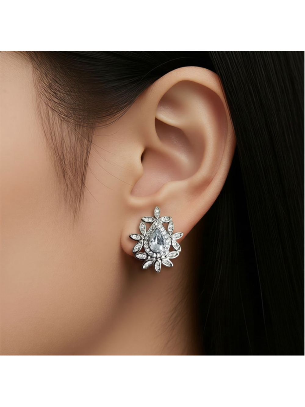 Antique Inspired Silver Crystal Teardrop Stud Earrings Bridal Special Occasion